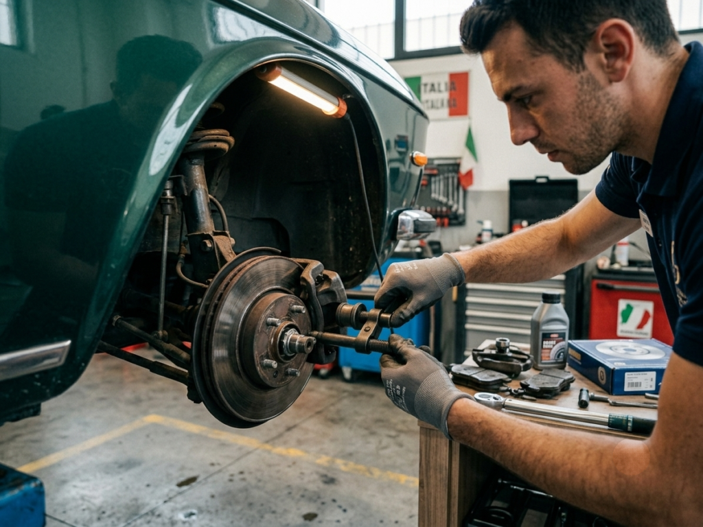 Manutenzione impianto frenante auto: intervento tecnico di precisione su disco e pinza freno.