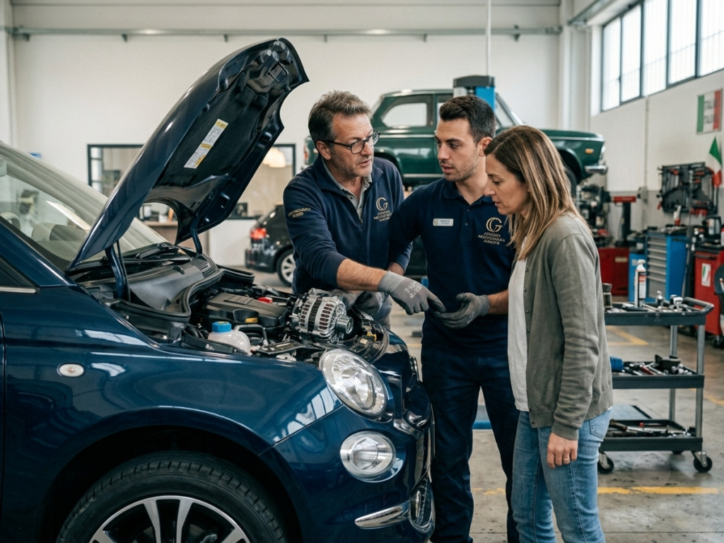 Momento della consegna auto: meccanico spiega la riparazione eseguita al cliente in officina a Mancasale.