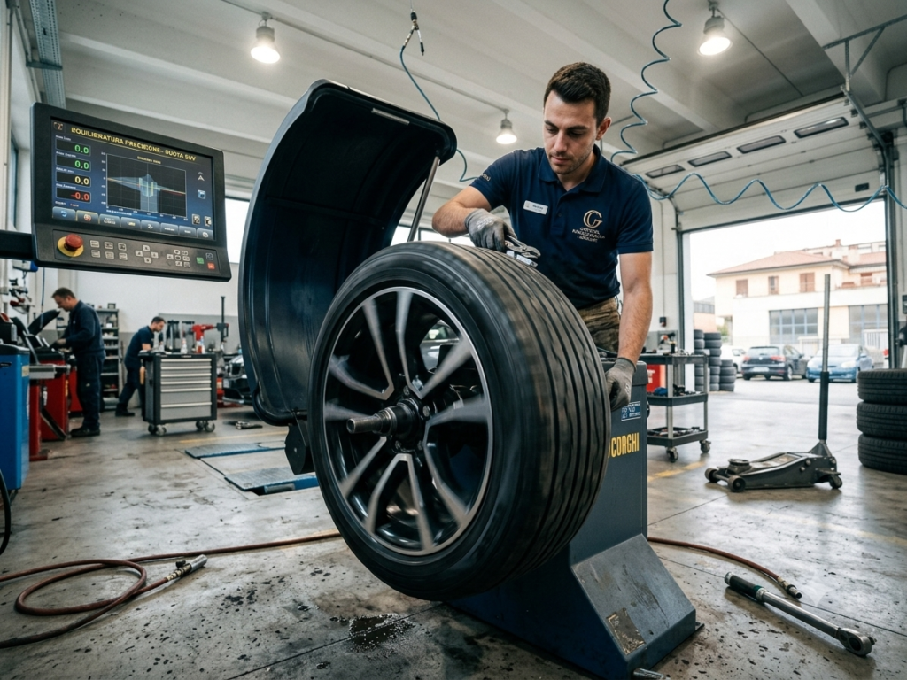 Servizio di equilibratura ruote professionale con macchinario di precisione - Officina Meccanica Reggio Emilia.