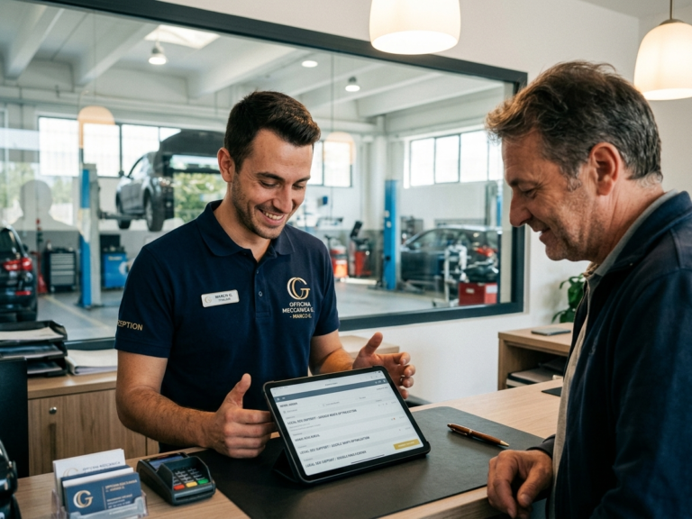 Consulenza professionale e accoglienza clienti presso officina meccanica a Mancasale, Reggio Emilia.