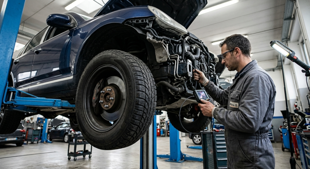 Tecnico esperto esegue diagnosi elettronica e controllo sottoscocca su SUV in officina a Reggio Emilia.