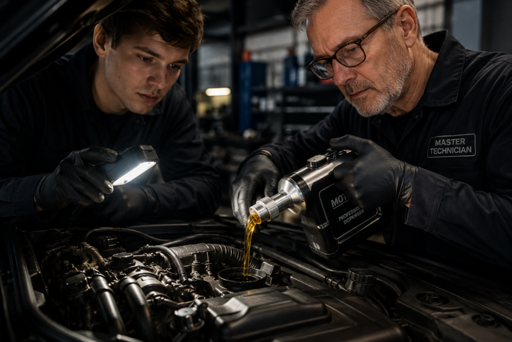 Tecnici esperto eseguono rabbocco olio dal cofano in officina a Reggio Emilia