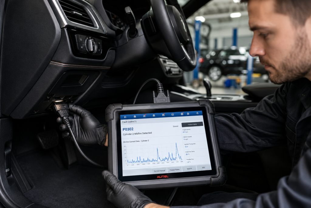 Tecnico esperto esegue diagnosi elettronica e controllo con la strumentazione idonea in officina a Reggio Emilia.